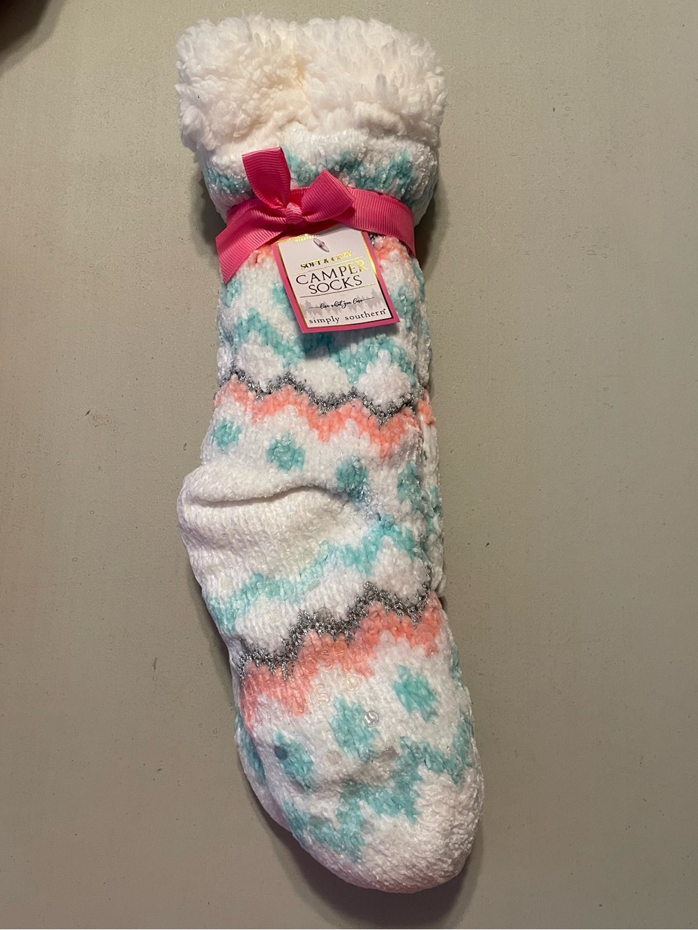 Simply Southern White & Coral Plush Soft & Cozy  Camper Socks New